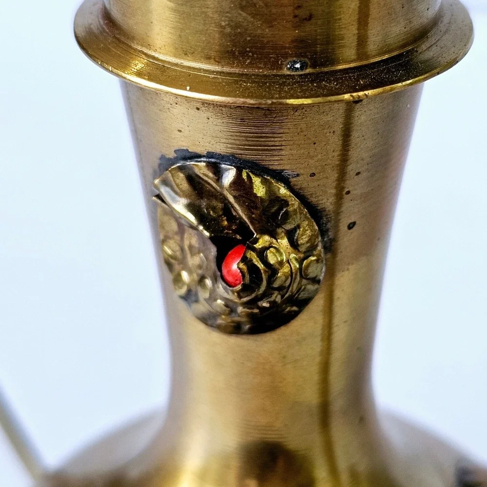 Vintage Brass Dallah Coffee Pot Turquoise Coral Accents Middle Eastern Decor 8in